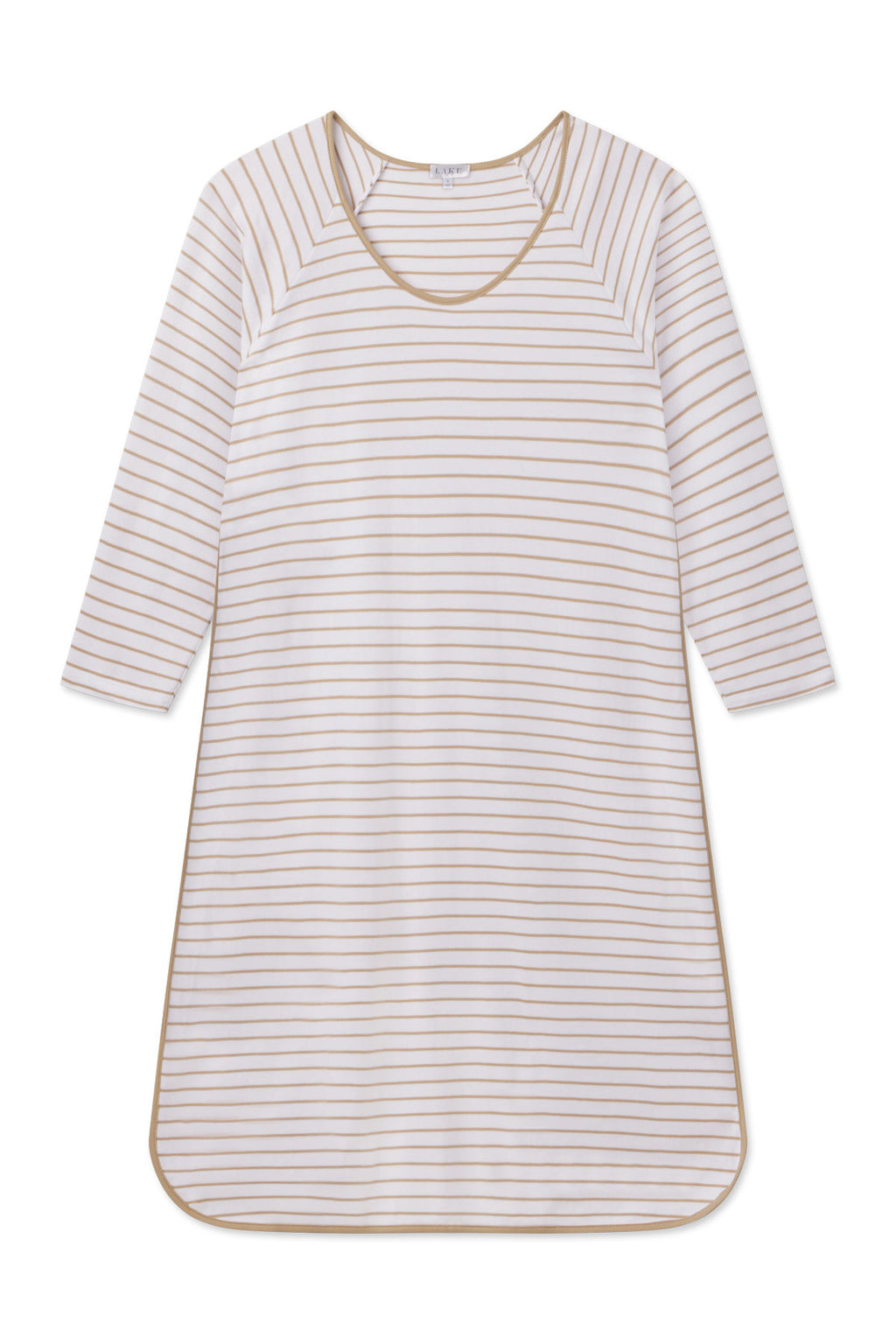 The Pima Long Sleeve Nightgown in Sandstone Rowing Stripe features thin beige stripes on white, beige piping, a round neckline, and a relaxed fit. Made from 100% Pima Cotton for simple comfort and timeless style.