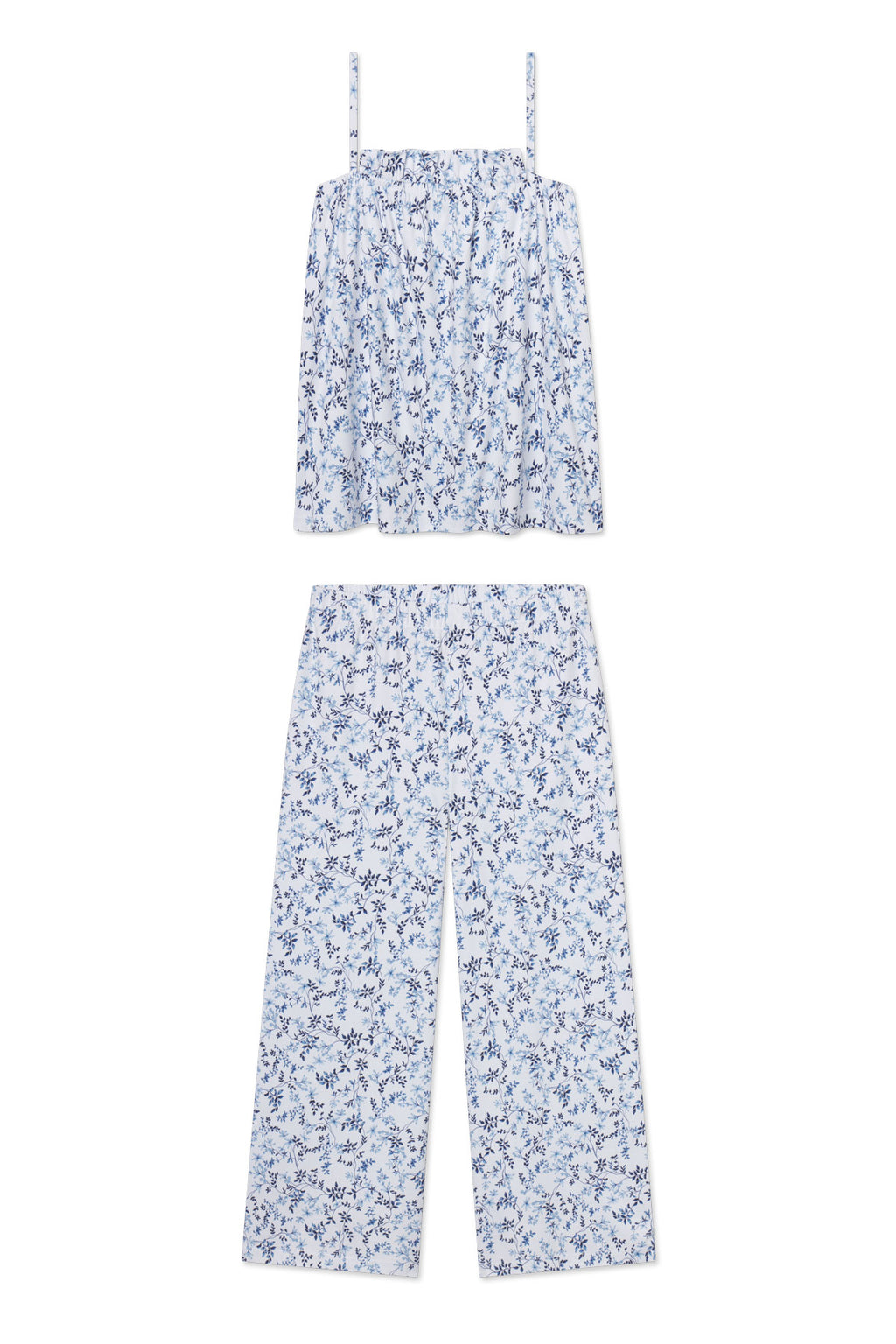 The Pima Ruffle Pants Set in Serene Blue Botanical Vines features a sleeveless, spaghetti strap top and wide-leg pants, both crafted from 100% Pima cotton and shown laid flat on a white background.
