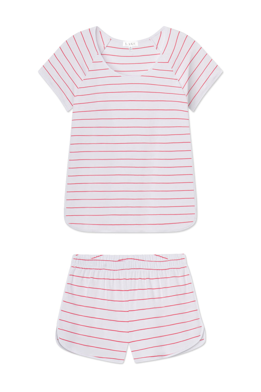 The Pima Shorts Set in Geranium Boating Stripe features a white short-sleeve top and striped, elastic-waist shorts. Made from soft Pima cotton, it offers a simple, casual style for comfort.