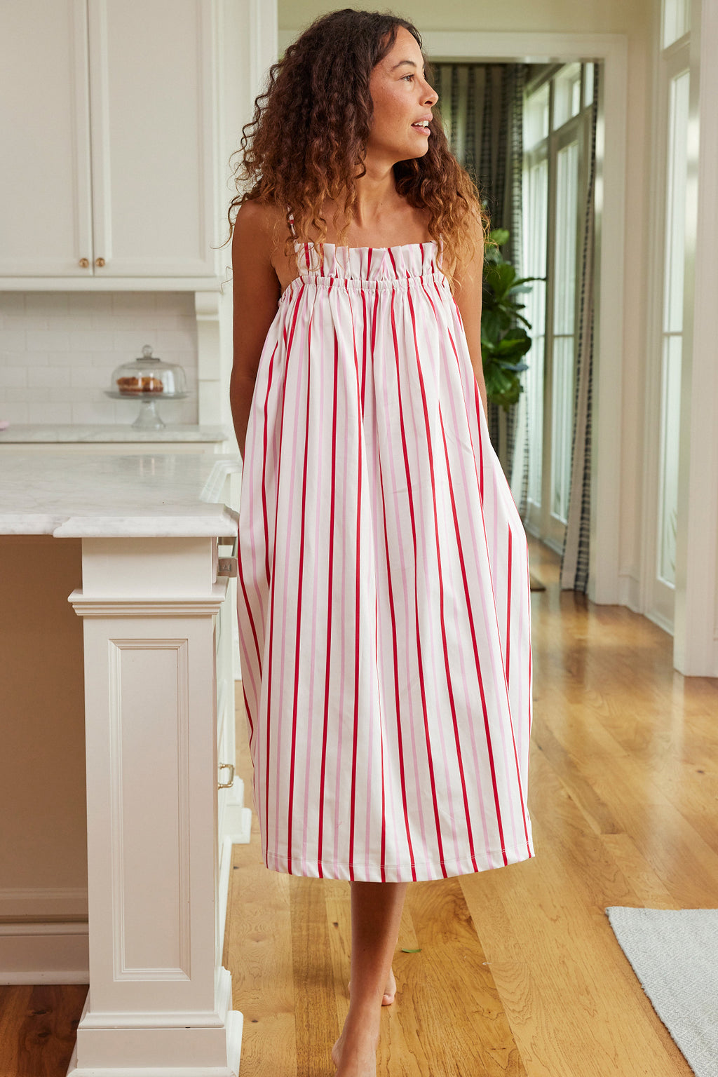 Poplin Ruffle Midi Nightgown in Candy Stripe - Main Image 3