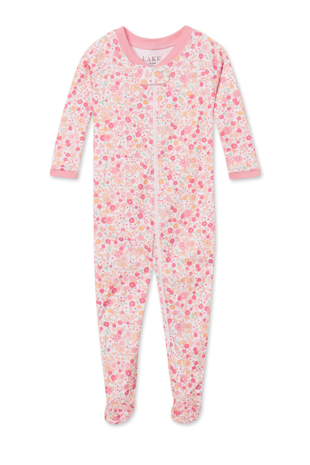 The Baby Sleeper in Rosewater Vivian Floral is a long-sleeve Pima cotton onesie with a pink, peach, and yellow floral print, dual front zipper, and pink neck trim.