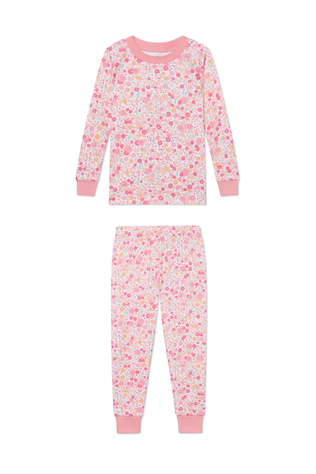 The Kids Long-Long Set in Rosewater Vivian Floral is a two-piece Pima cotton pajama set for kids with a long-sleeve top and pants, featuring a pink floral pattern and solid pink cuffs, neckline, and waistband.