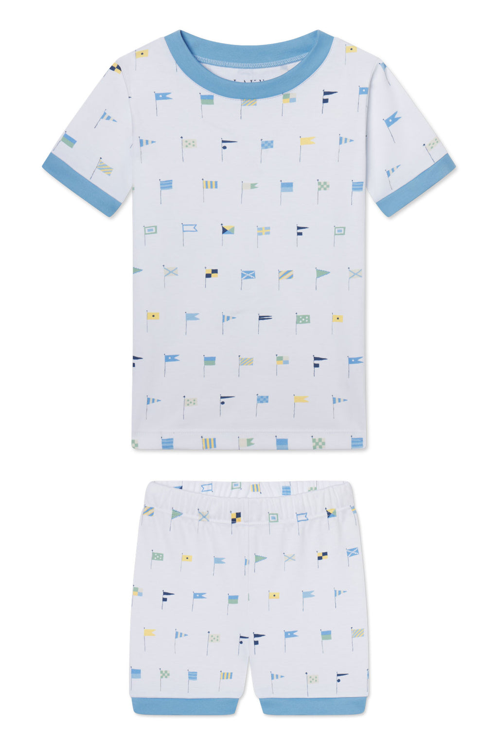 Kids Shorts Set in Baltic Blue Nautical Flags: soft Pima cotton with a white background, light blue trim, and nautical flags pattern. Includes comfy short-sleeve tee and matching shorts.