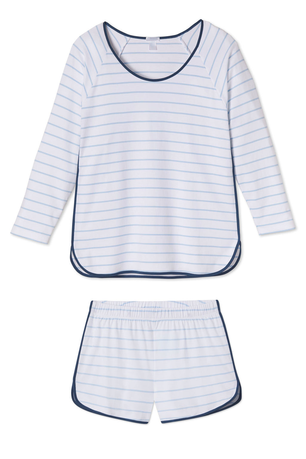 The Pima Long-Short Set in Marine is a two-piece set with a white long-sleeve top and matching shorts, both featuring thin blue Breton stripes and dark blue trim, crafted from 100% Pima Cotton.