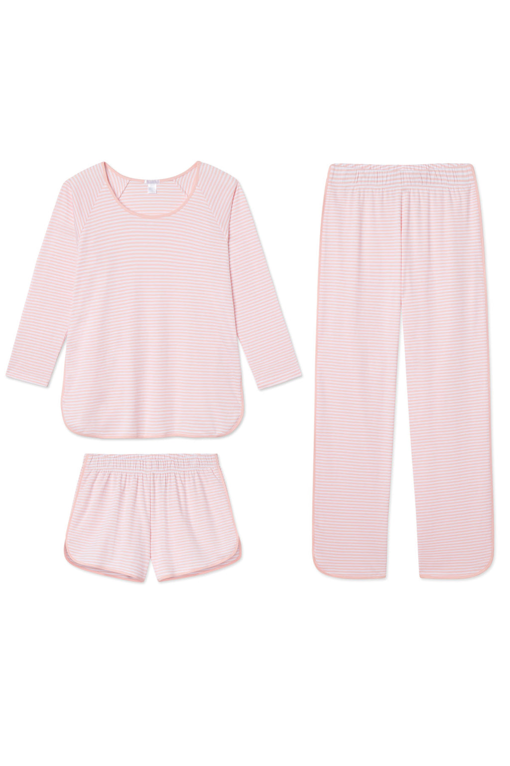 The Pima Long Sleeve Bundle in English Rose Stripe includes a three-quarter sleeve scoop neck top, long pants, and shorts in soft Pima cotton, all laid flat on a white background.