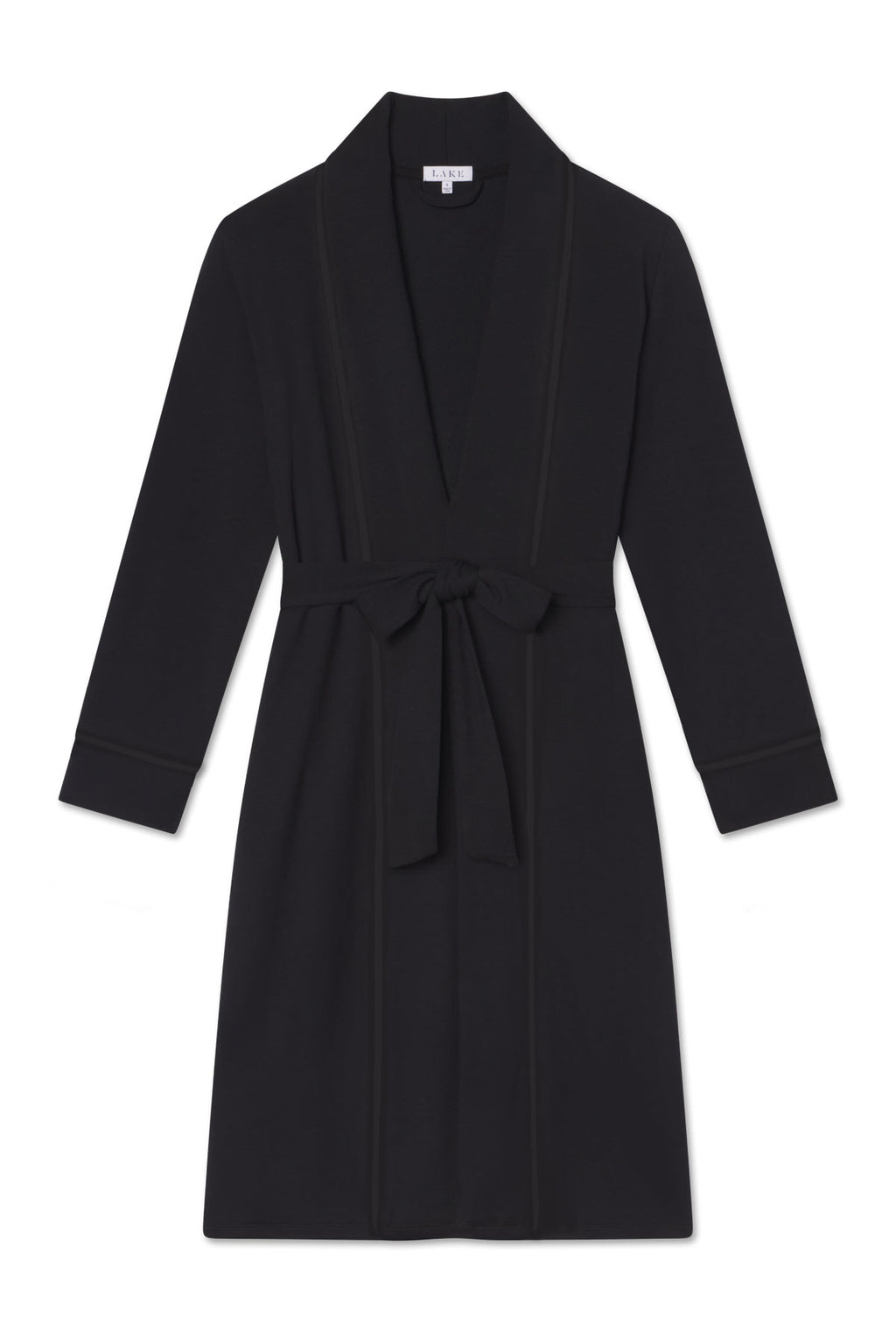 The Relax Robe in Black is a soft modal, long-sleeve, knee-length robe featuring a shawl collar and matching fabric belt at the waist, shown on a white background for a relaxing experience.