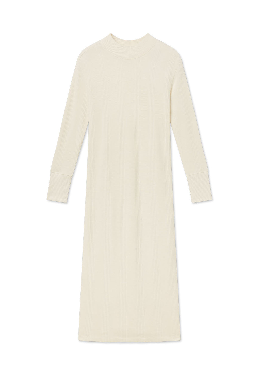Ivory waffle knit midi dress with long sleeves and crew neckline.