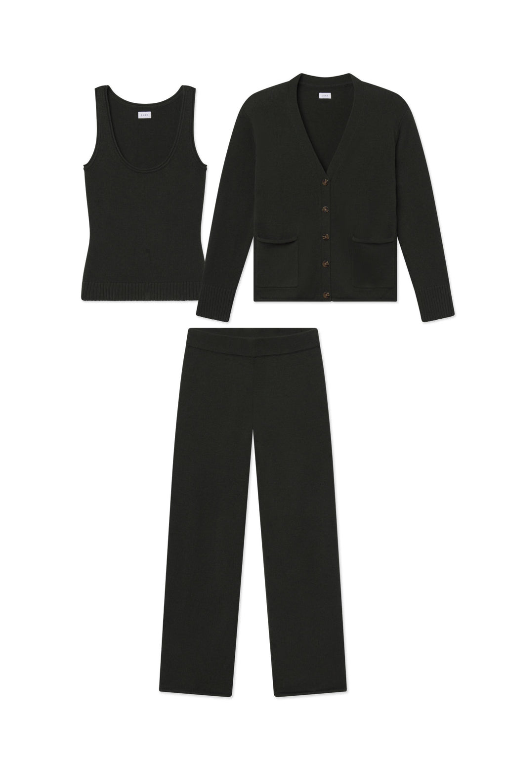 Three-piece set in black consisting of a sleeveless tank top, button-front cardigan, and wide-leg pants.