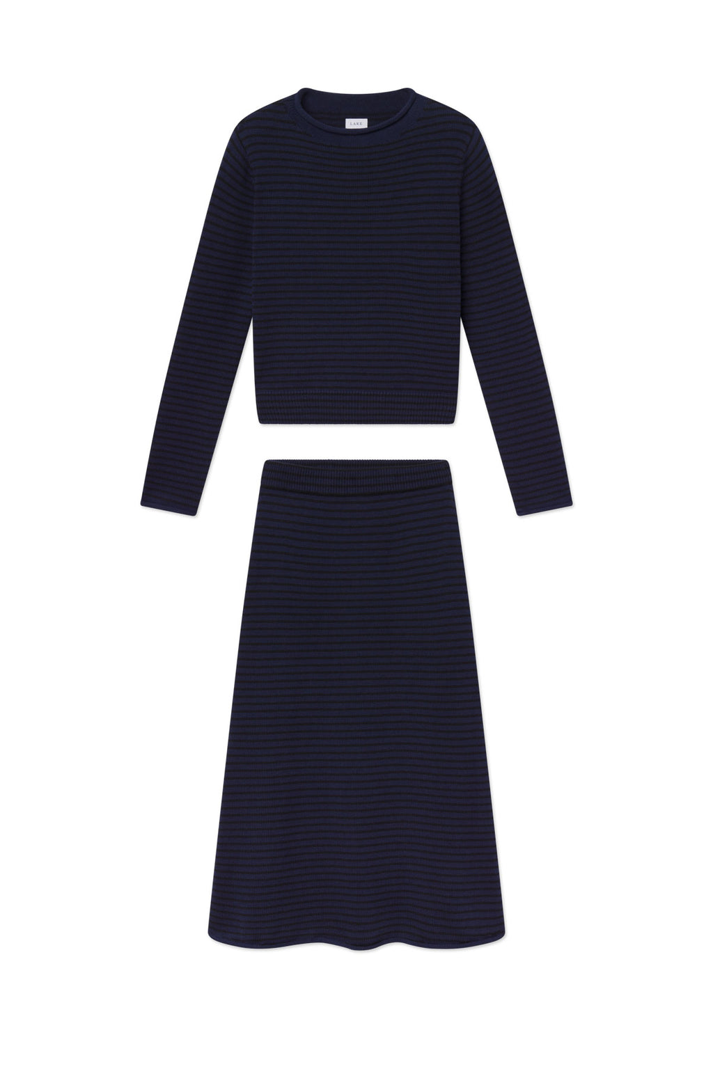 Navy striped knit sweater and midi skirt set displayed flat on white background.