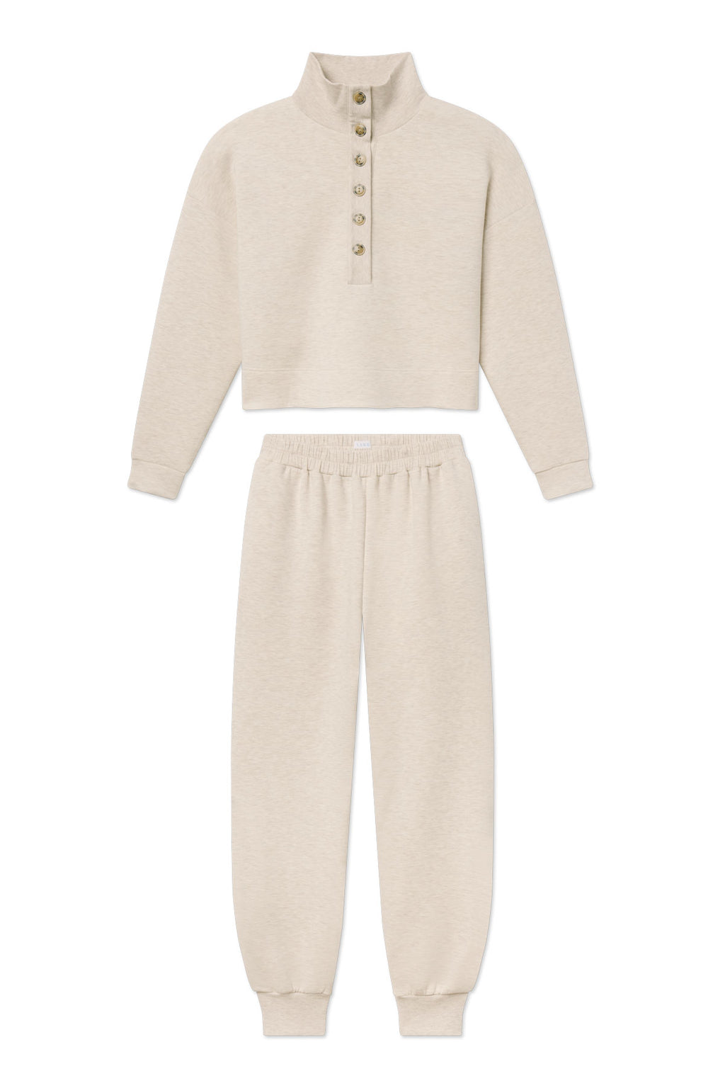 Oat heather pullover with button placket and matching jogger pants with elastic waistband.