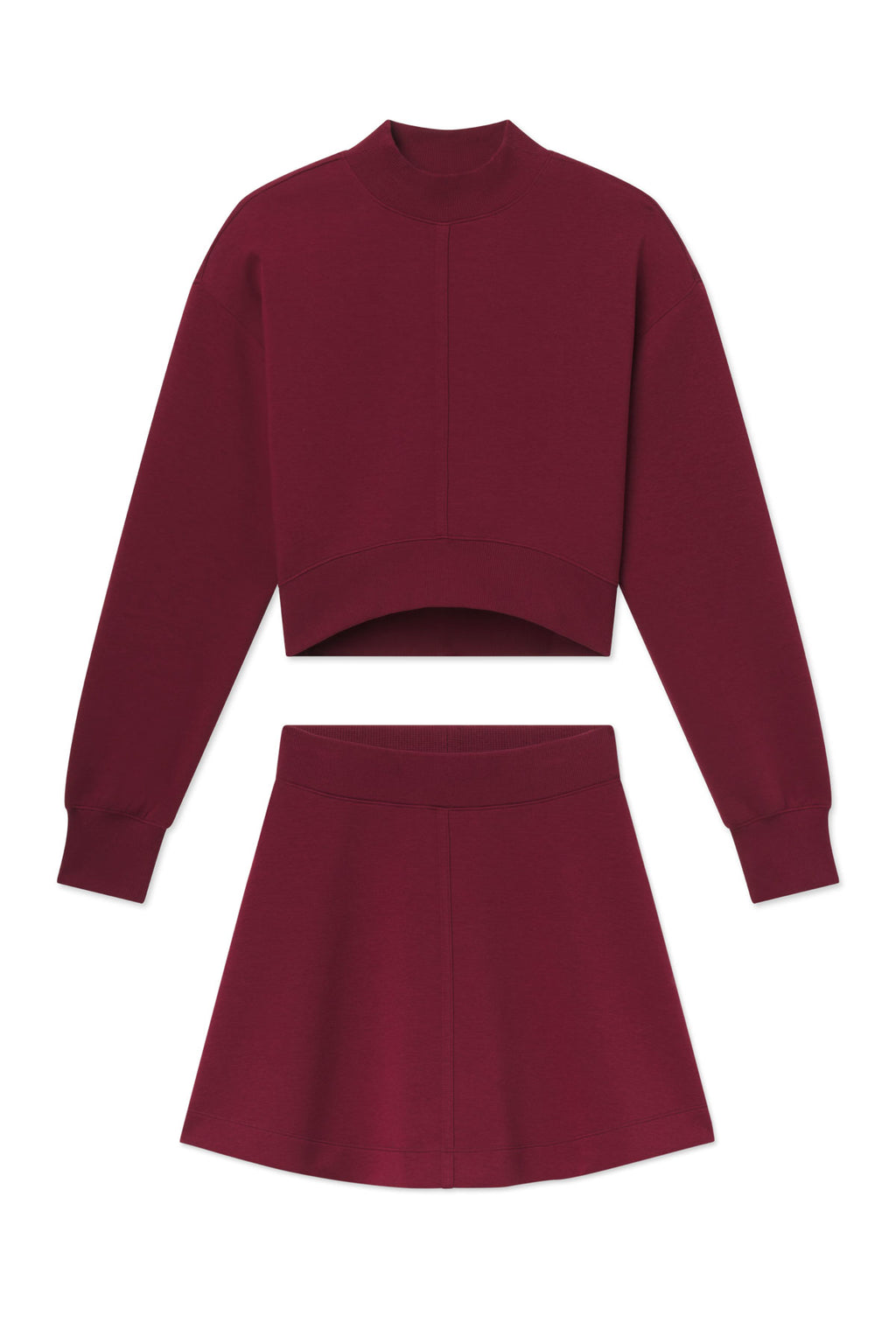 Burgundy crop sweatshirt and mini skirt set displayed flat on white background.
