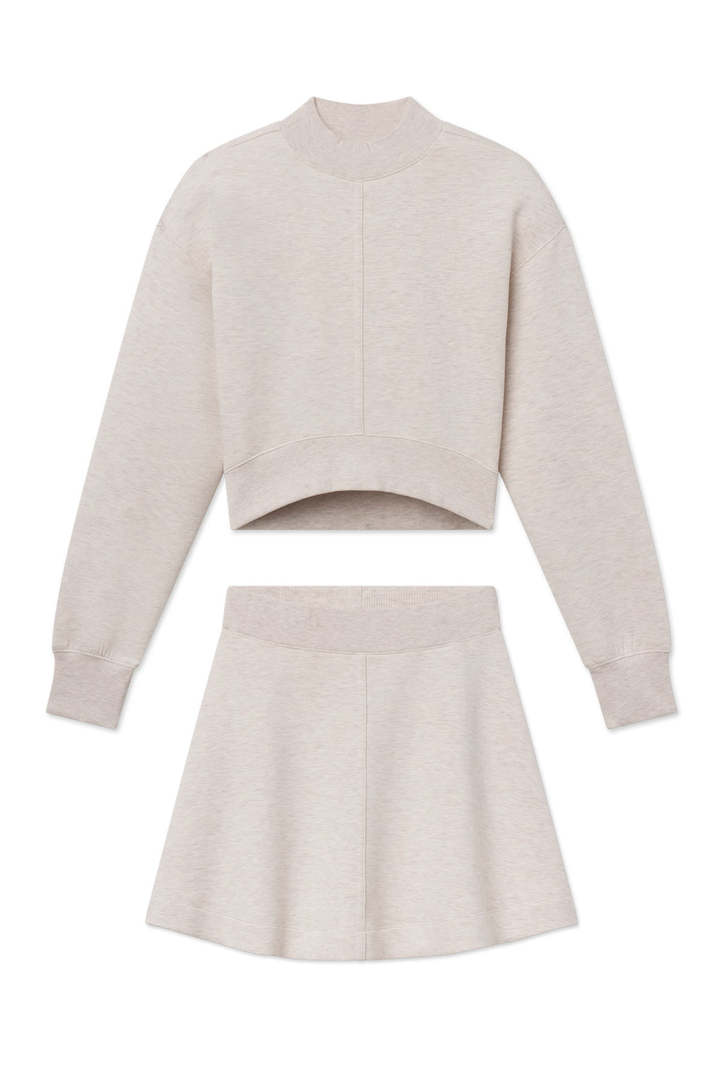 Oat heather cropped sweatshirt and mini skirt set with ribbed cuffs and waistband.
