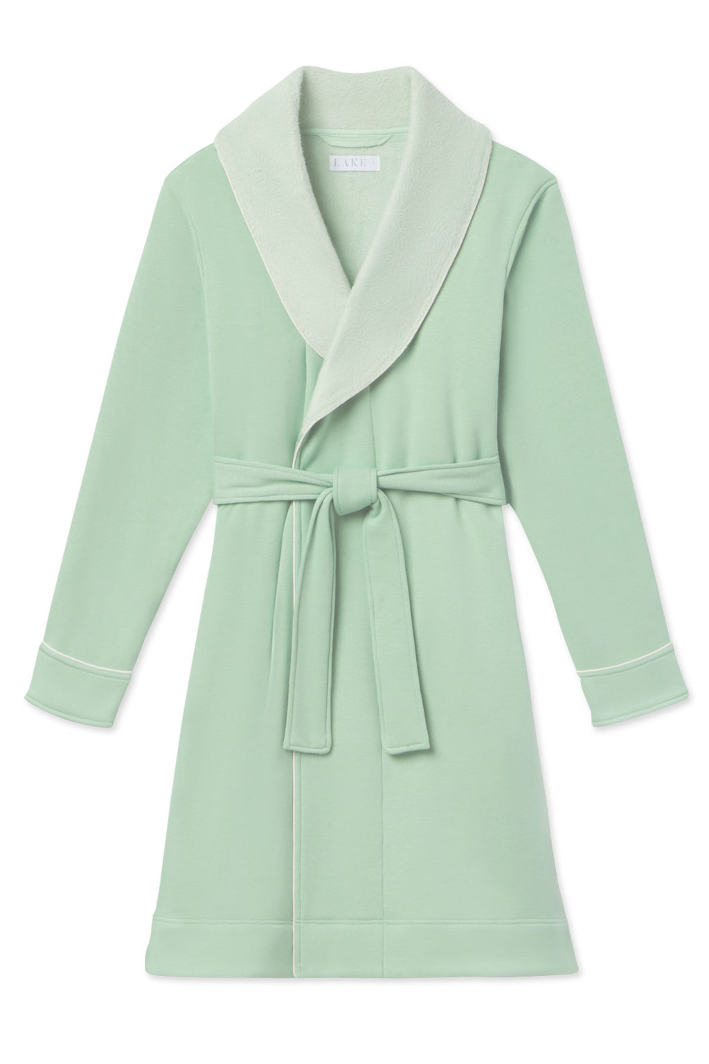 The Cozy Robe in Parisian Green features fleece lining, a shawl collar, long sleeves, and a matching waist belt, shown against a white background.