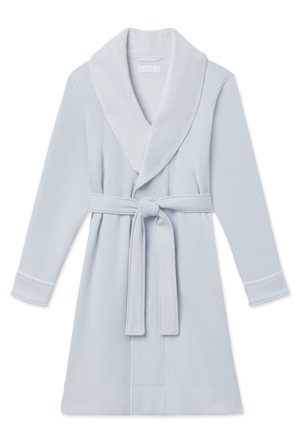 Cozy Robe in Polar, featuring soft light blue fleece, shawl collar, long sleeves, and a matching belt at the waist, shown flat on a white background.