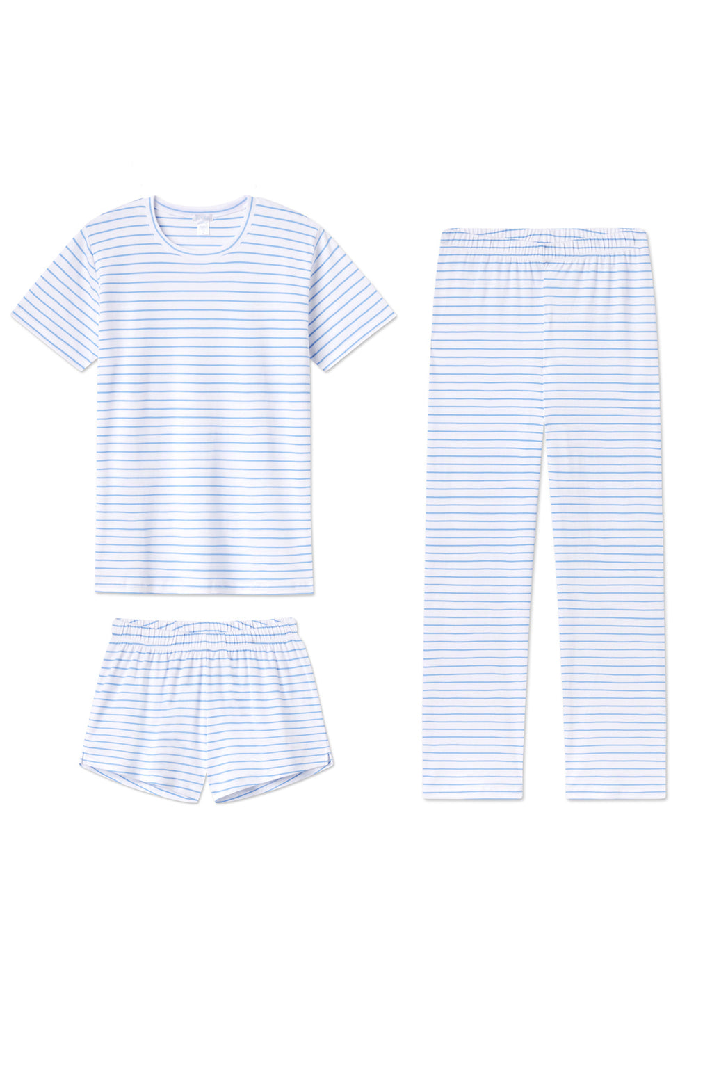 The Pima Crew Bundle in Baltic Blue features soft Pima cotton pajamas with Baltic Blue and white stripes—a short-sleeve top, long pants with an elastic waistband, and matching shorts—laid flat on a white background.