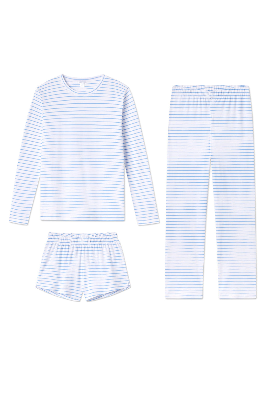 The Pima Crew Long Sleeve Bundle in Baltic Blue includes kids’ pajamas made from 100% Pima cotton with thin blue and white stripes: a crewneck long-sleeve top, long pants, and shorts, displayed on a white background.