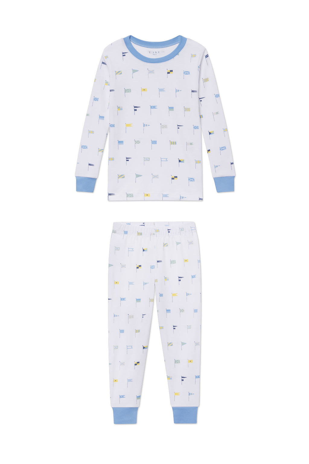 The Kids Long-Long Set in Baltic Blue Nautical Flags is crafted from soft Pima cotton and features a white background, light blue cuffs, and a playful nautical flag pattern with a long-sleeve top and matching pants.