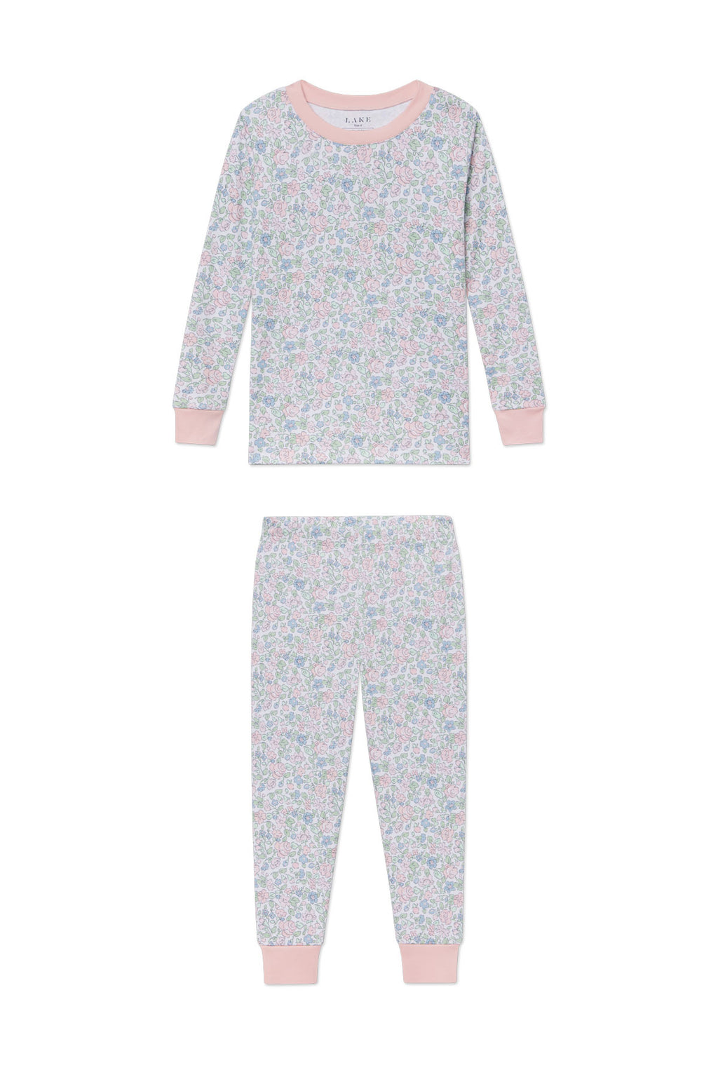Kids Long-Long Set in English Rose Elizabeth Floral: A two-piece children’s pajama set made from 100% Pima cotton, featuring light pink cuffs, neckline, and ankle bands. Shown laid flat on a white background.