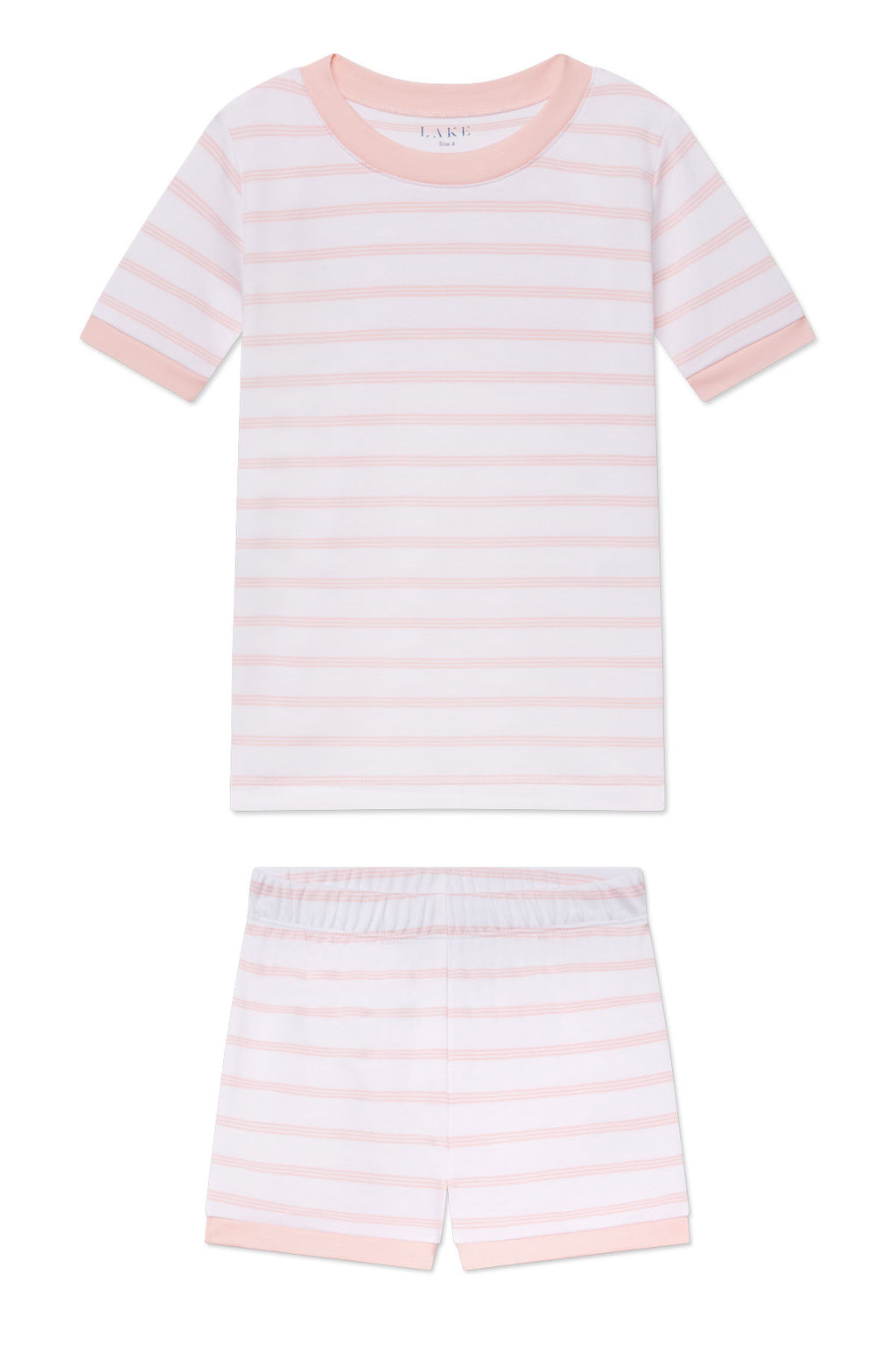 The Kids Shorts Set in English Rose Triple Stripe is made from soft Pima cotton with a white base and light pink stripes. It features a round pink collar on the top, plus matching shorts with a pink waistband and trim.