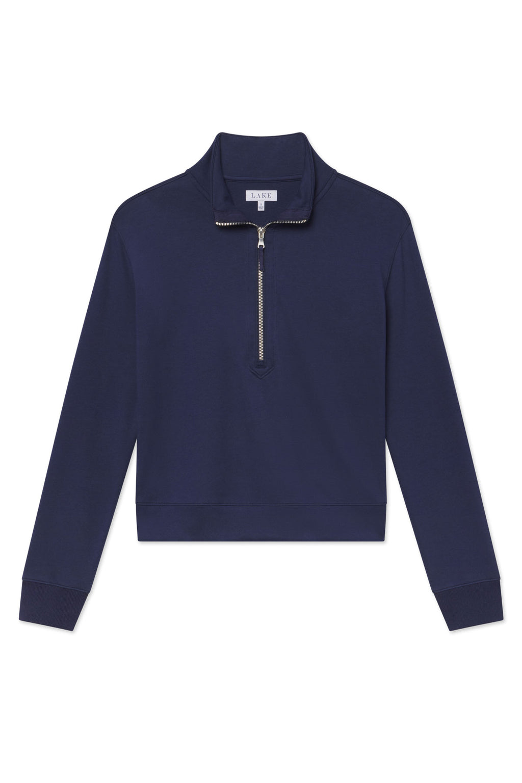 The Leisure Quarter Zip in English Navy, made from soft Pima modal fabric with a standing collar and long sleeves, is displayed laid flat on a white background.