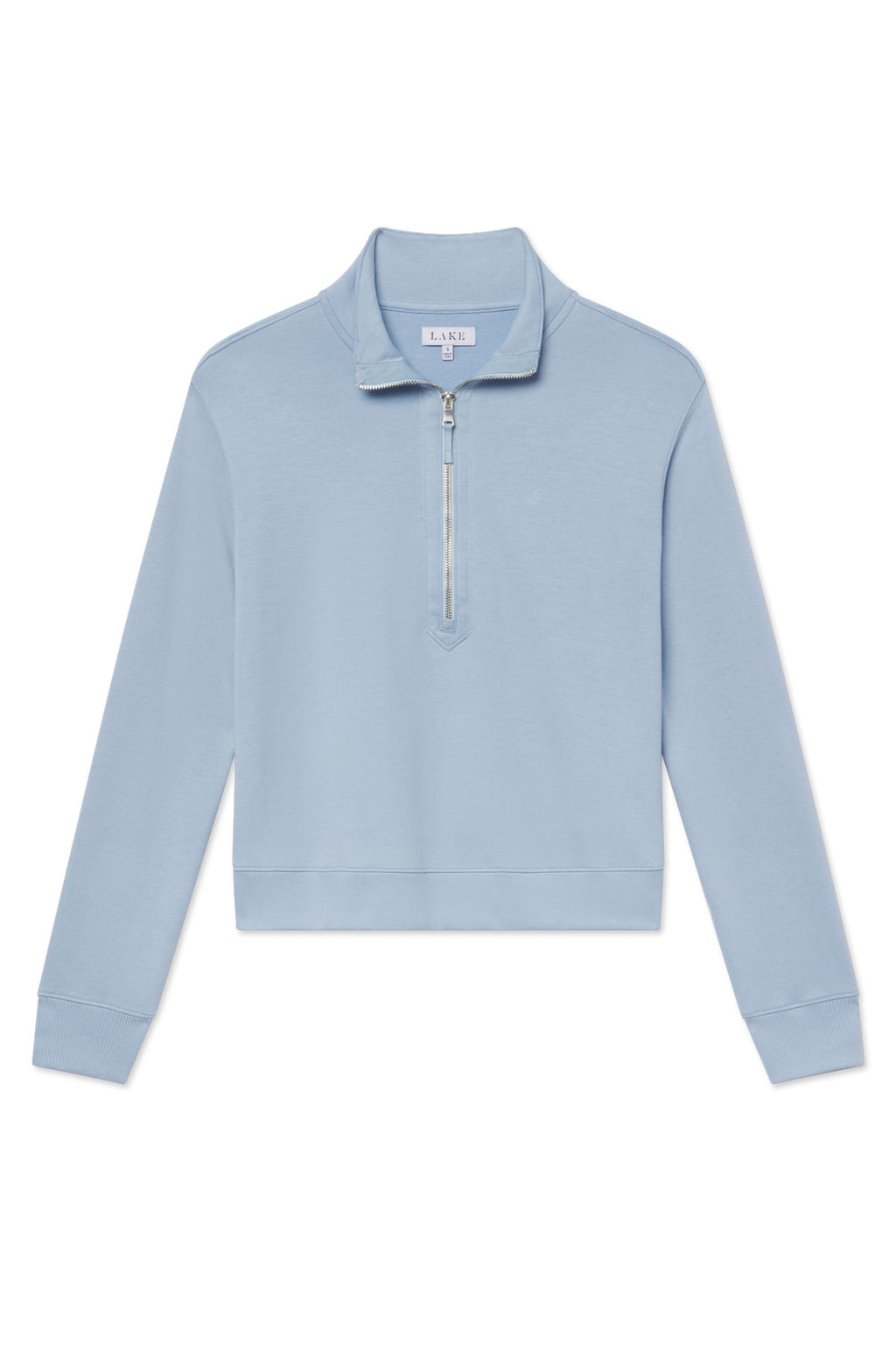 The Leisure Quarter Zip in Morning Blue features a stand-up collar, ribbed cuffs and hem, and is crafted from soft Pima modal, shown against a white background.