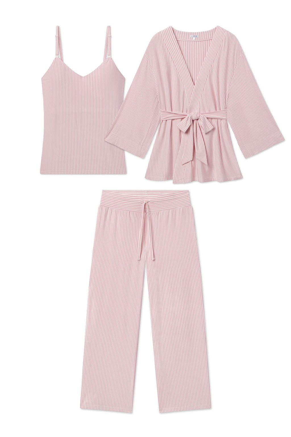 The Maternity DreamModal Kimono Three-Piece Set in Carnation Pencil Stripe features a sleeveless camisole, wide-leg drawstring pants, and a belted long-sleeve wrap top with easy nursing access—perfect comfort for moms-to-be.