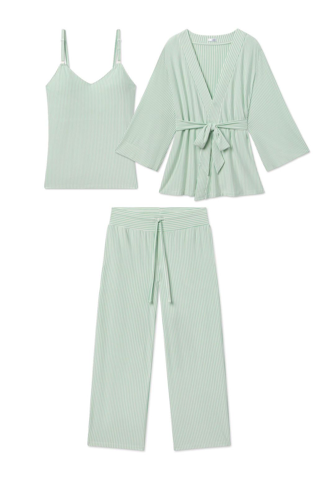 The Maternity DreamModal Kimono Three-Piece Set in Parisian Green Pencil Stripe includes a nursing camisole, belted wrap cardigan with wide sleeves, and loose drawstring pants—all in light green with thin white stripes.