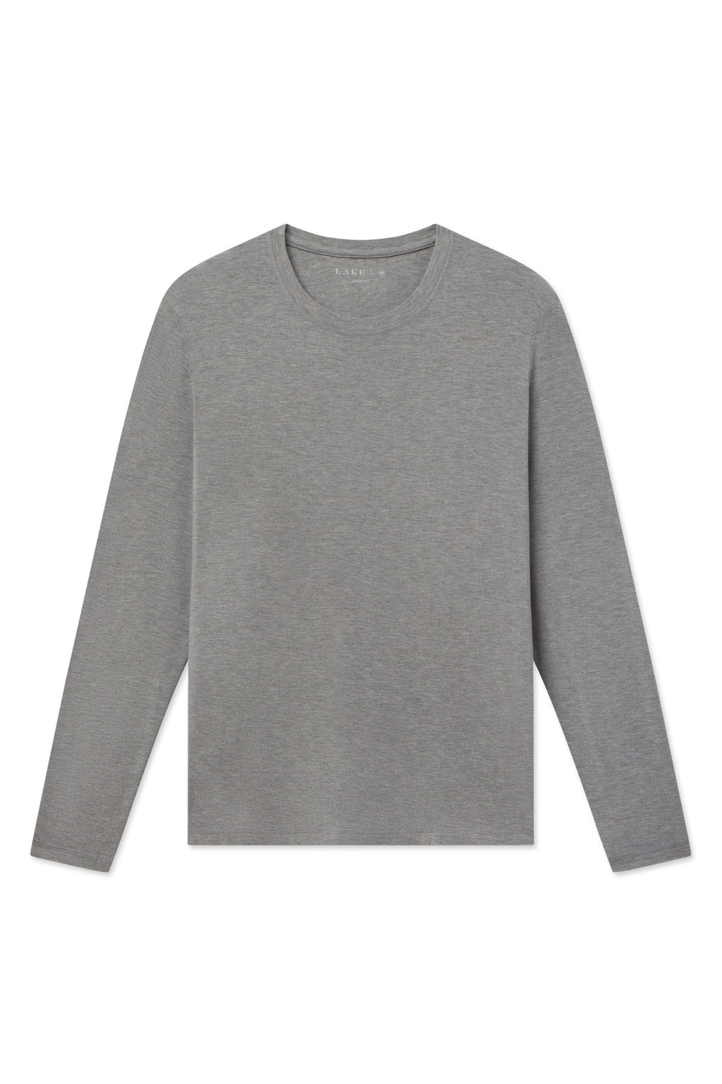 The Mens Long Sleeve Bamboo Tee in Heather Gray with a crew neckline is laid flat on a white background.