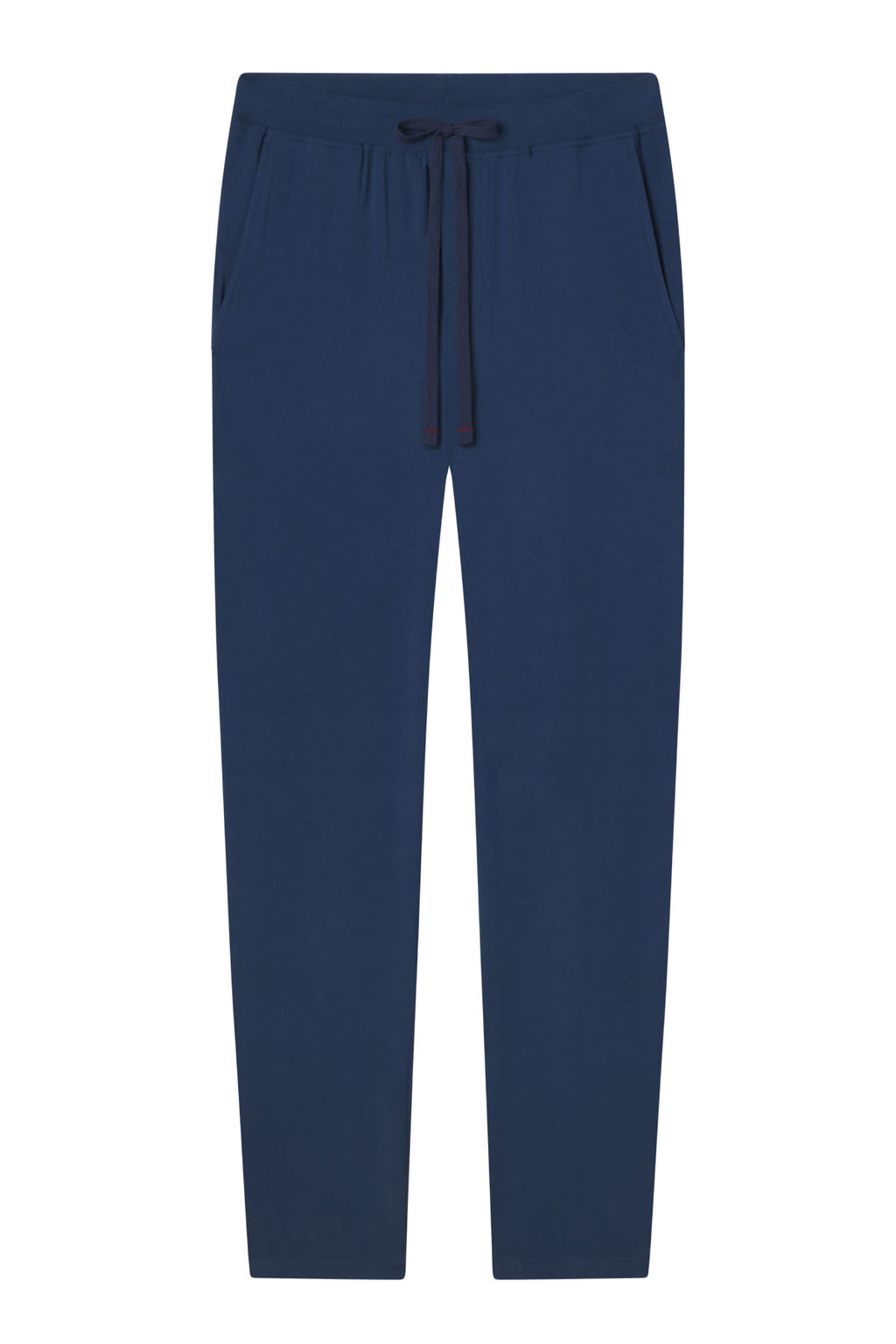 Mens Bamboo Lounge Pants in Navy, featuring a jogger style, stretchy knit fabric, elastic waistband with drawstring tie, and side pockets. Shown against a white background.
