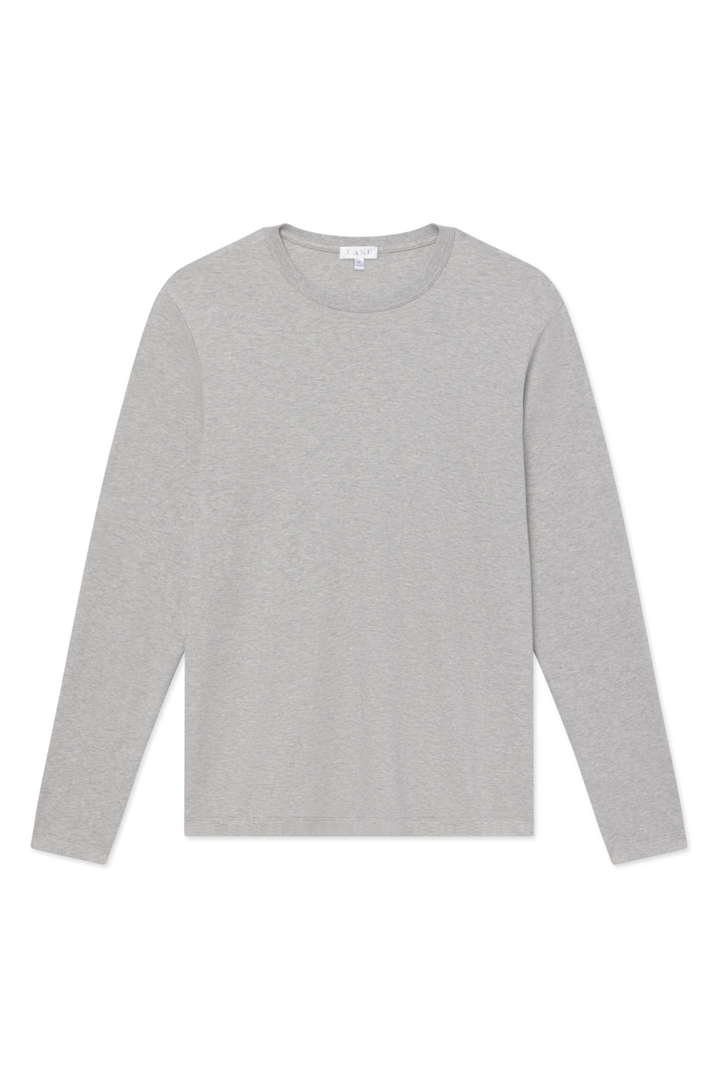 The Mens Pima Crewneck Long Sleeve Tee in Heather Gray, made from soft Peruvian Pima cotton, is shown laid flat on a white background. It features a simple, minimalist design with no visible logos or patterns.