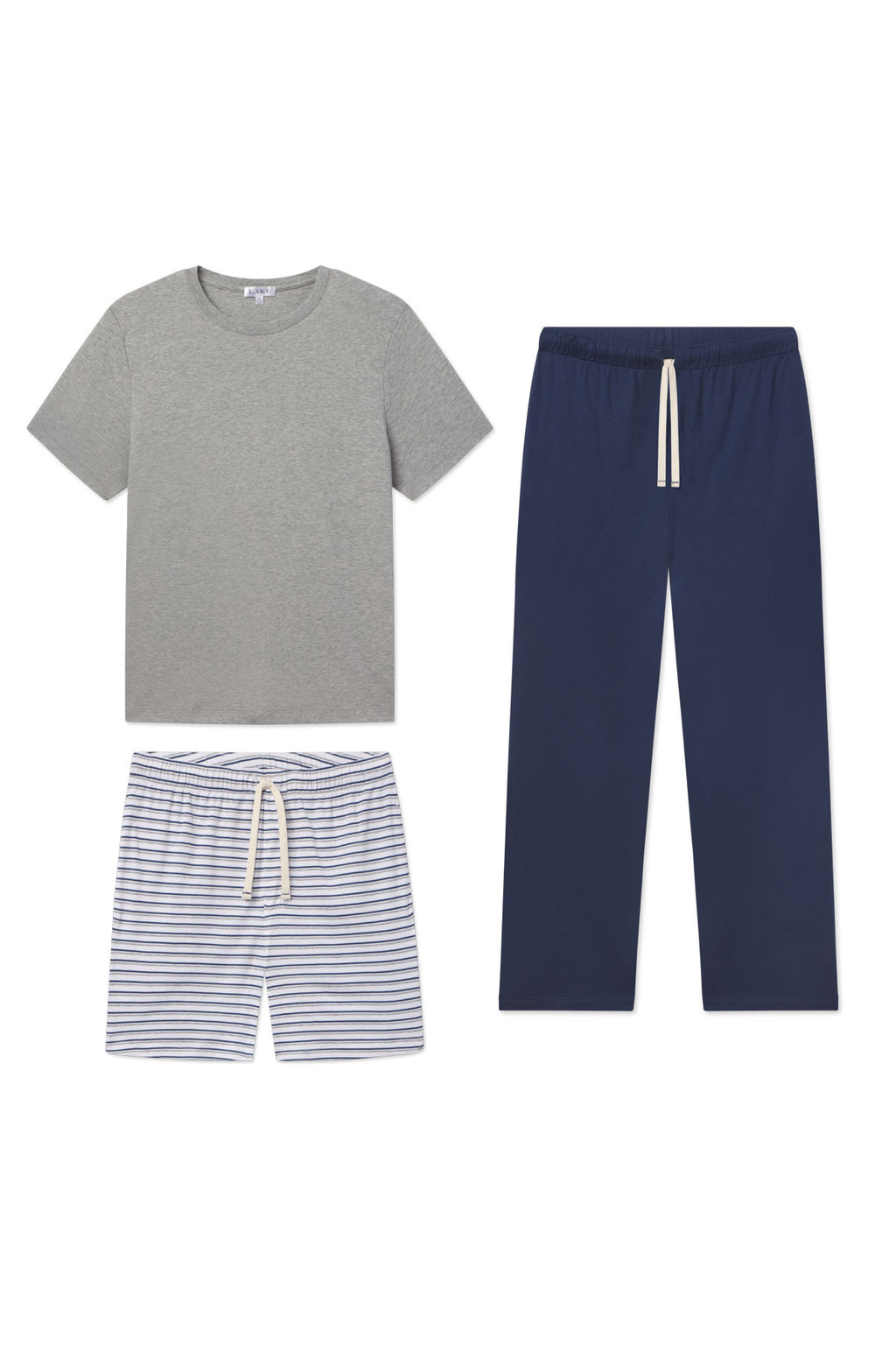 The Mens Pima Sleep Bundle in Graphite Helm Stripe includes a gray short-sleeve tee, navy drawstring pants, and white shorts with blue stripes, all made from 100% Pima cotton and shown on a white background.