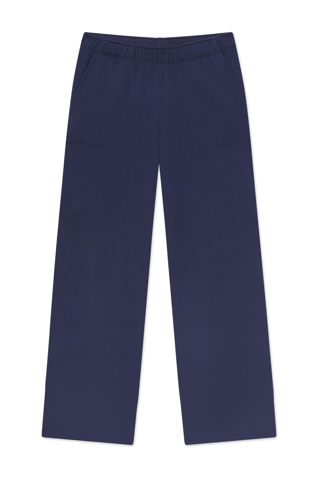 Wide Leg Lounge Pant in English Navy with an elastic waistband and two front pockets, made from a soft Pima blend, shown flat on a white background.