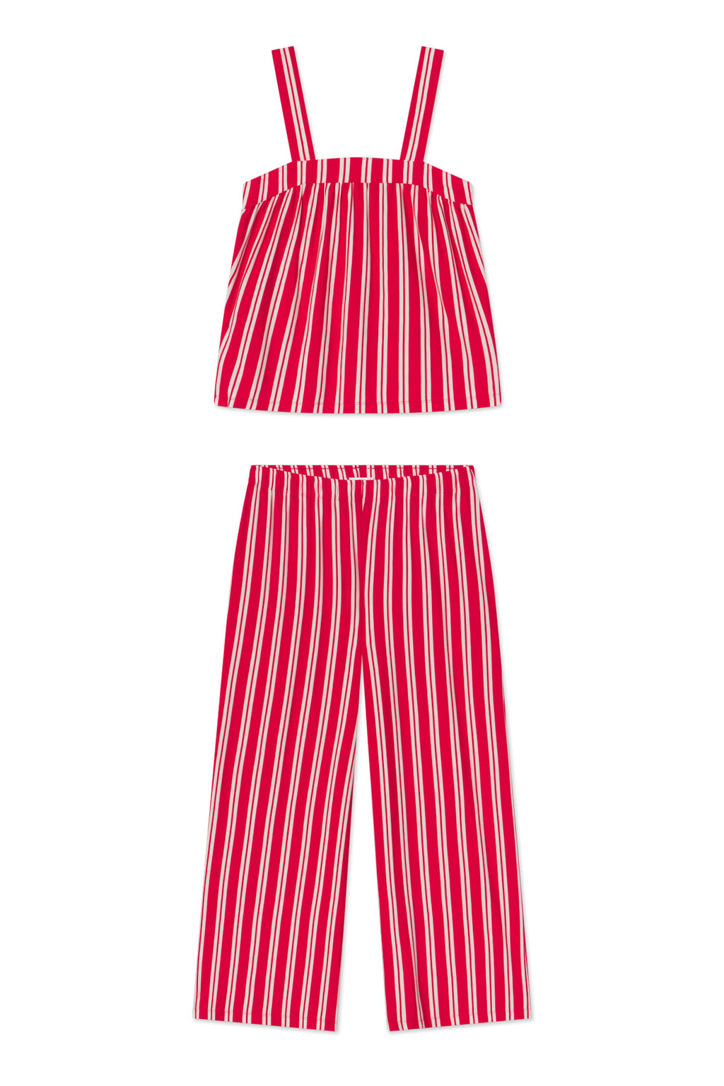 The DreamModal Daydream Pants Set in Ski Patrol Stripe includes a sleeveless, square-neck, loose top and wide-leg, elastic-waist pants—perfect stylish loungewear for relaxing at home.
