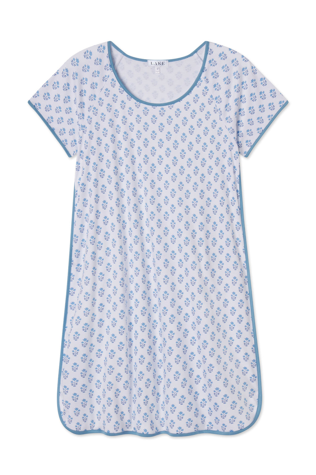 The Pima Nightgown in Serene Blue Posy features short sleeves, knee-length cut, blue floral print on white with matching blue trim. Crafted from 100% Pima cotton for a soft, lightweight feel.