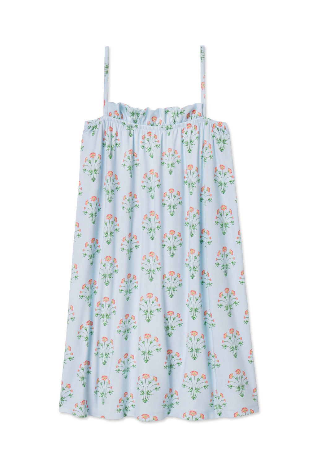 The Pima Ruffle Nightgown in Daylight Tropical Bouquet is a light blue, sleeveless nightdress with thin straps, crafted from soft Pima cotton featuring a loose fit and small pink and green floral print.
