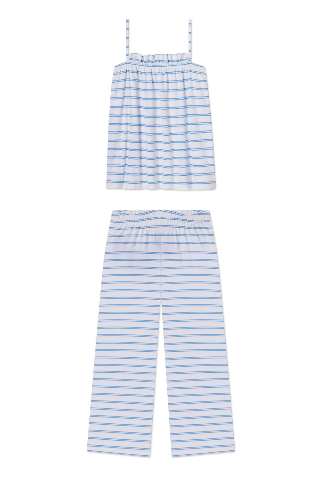 The Pima Ruffle Pants Set in Regatta Tidal Stripe includes a sleeveless spaghetti-strap top and wide-leg pants with an elastic waistband, all crafted from soft Pima cotton for ultimate comfort.