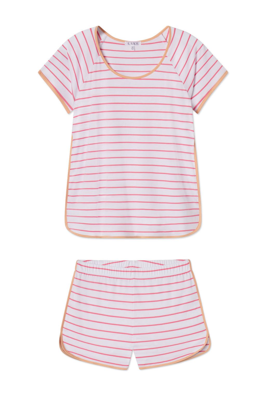 The Pima Shorts Set in Sunkissed Coral Club Stripe offers a soft Pima cotton pajama with white and coral stripes, tan trim, and includes a short-sleeve top and shorts for comfortable, playful style.