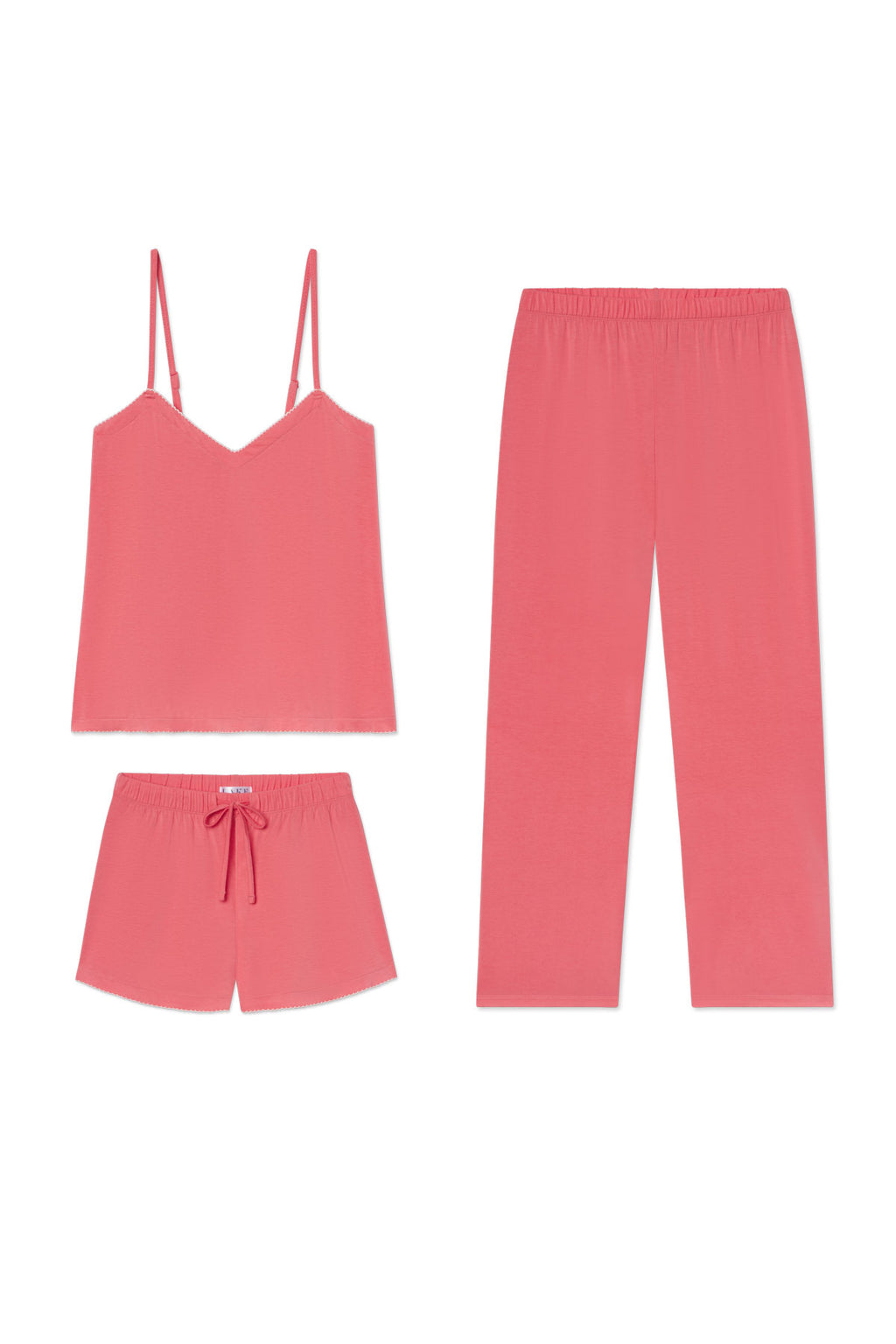 DreamModal Cami Bundle in Winterberry: a three-piece pink pajama set with a soft cami, drawstring shorts, and long pants—cozy sleepwear shown on a white background.