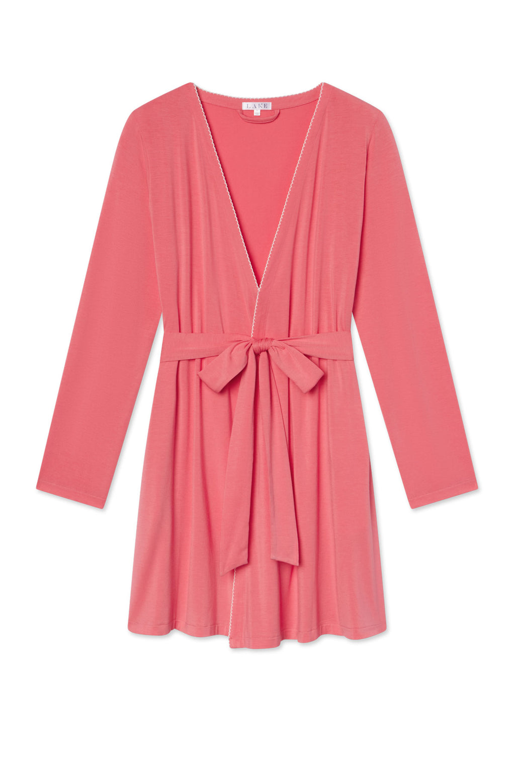 The DreamModal Short Robe in Winterberry is a buttery soft, pink wrap robe with long sleeves, knee-length cut, deep V-neckline, and matching waist belt, shown on a white background.