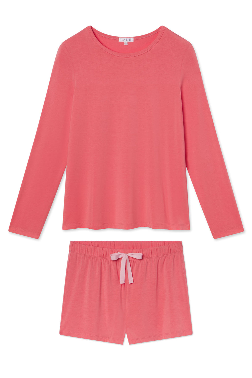 The DreamModal Ribbon Long-Short Set in Winterberry includes a long-sleeve, crew neck pink top and modal pajama shorts with a drawstring waistband and light pink ribbon bow.