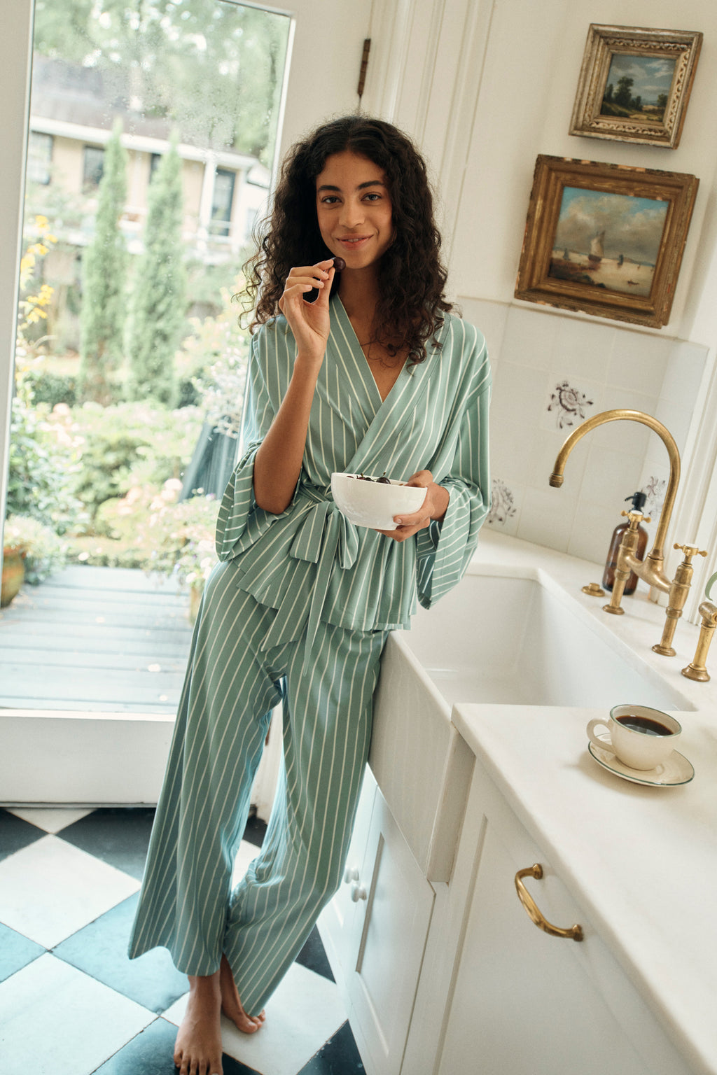 DreamModal Kimono Pajama Set in Boxwood Vertical Stripe - Main Image 3