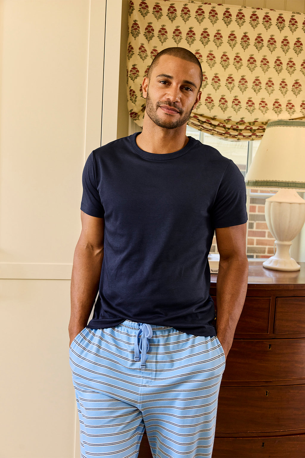 Men's Pima Sleep Short-Long Set in Oxford Blue Triple Stripe - Main Image 1