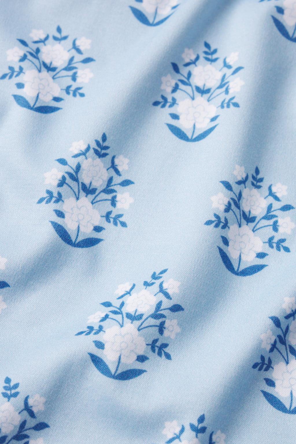 The Pima Maternity Nightgown in French Blue Cottage Floral features soft, light blue Pima cotton with a white and blue floral bouquet print—perfectly draped and ideal for maternity or nursing wear.