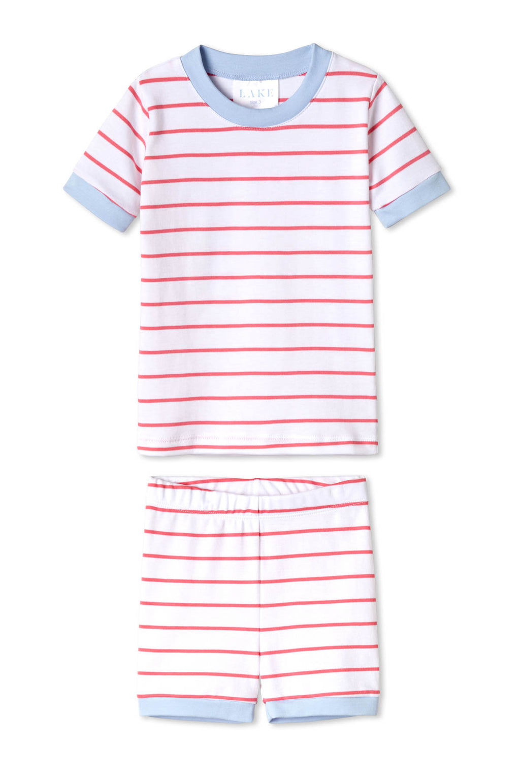 Kids Shorts Set in Sorbet: A soft Pima Cotton pajama set with red stripes on white, finished with light blue trim at the collar, cuffs, and hems, for a fresh sorbet-inspired look.