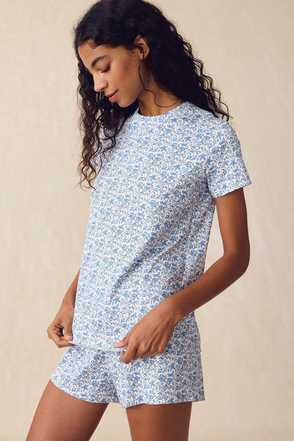 Pima Crew Shorts Set in Delft Blue Garden Floral - Main Image 3