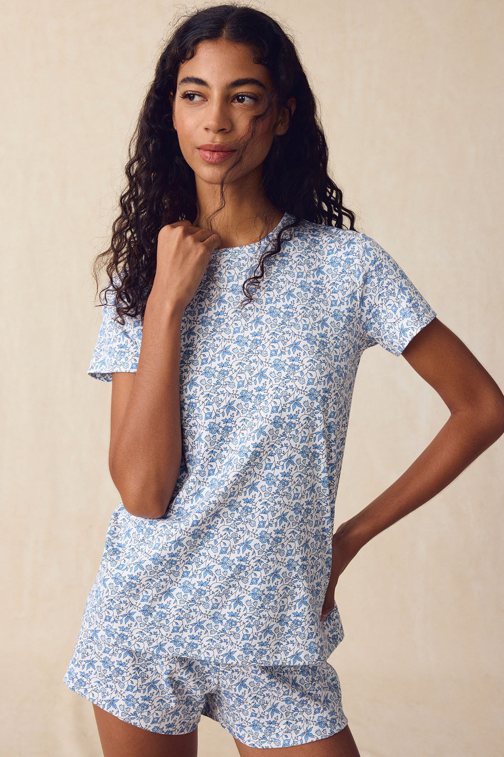 Pima Crew Shorts Set in Delft Blue Garden Floral - Main Image 1