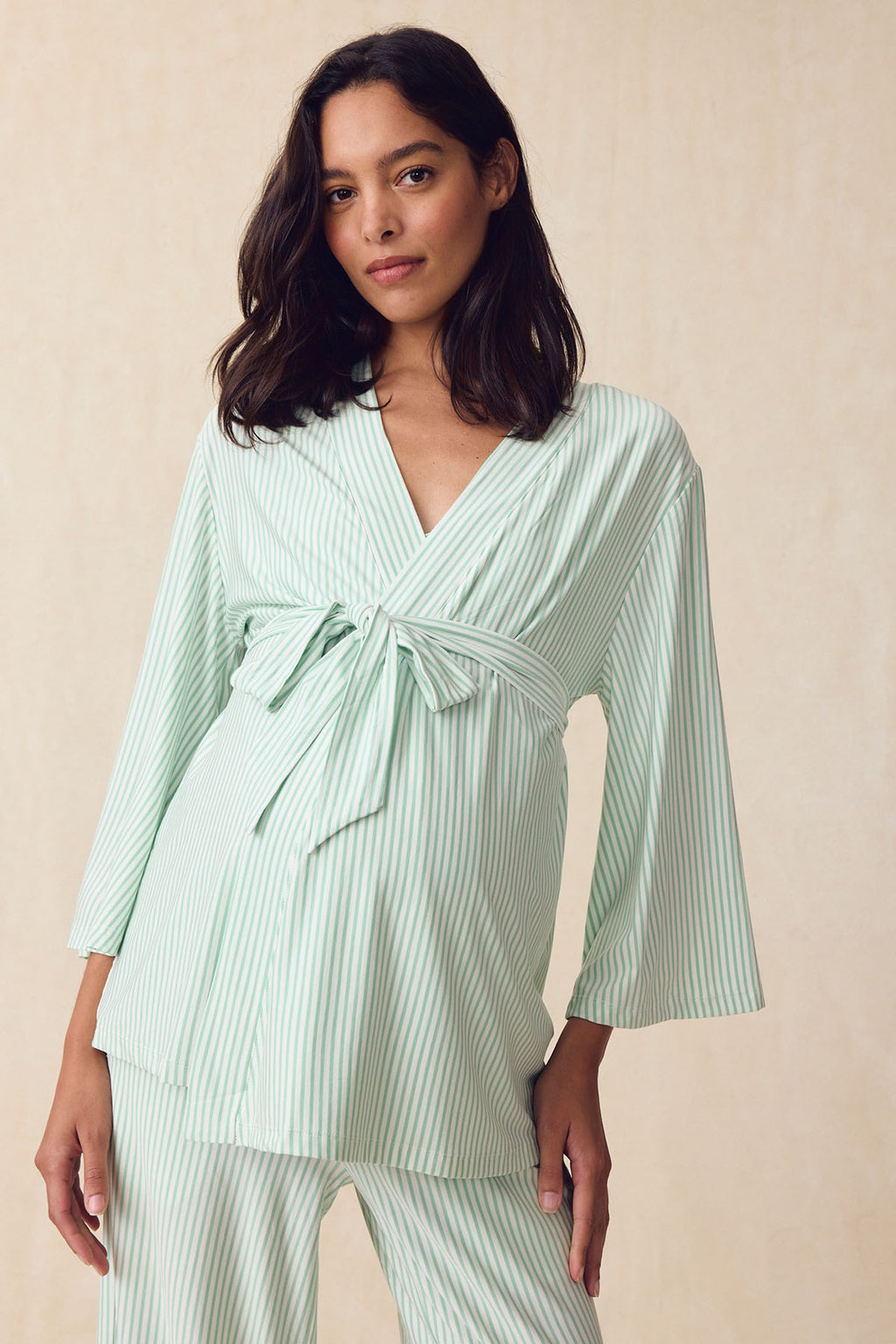 Maternity DreamModal™ Kimono Three-Piece Set in Parisian Green Pencil Stripe - Main Image 1