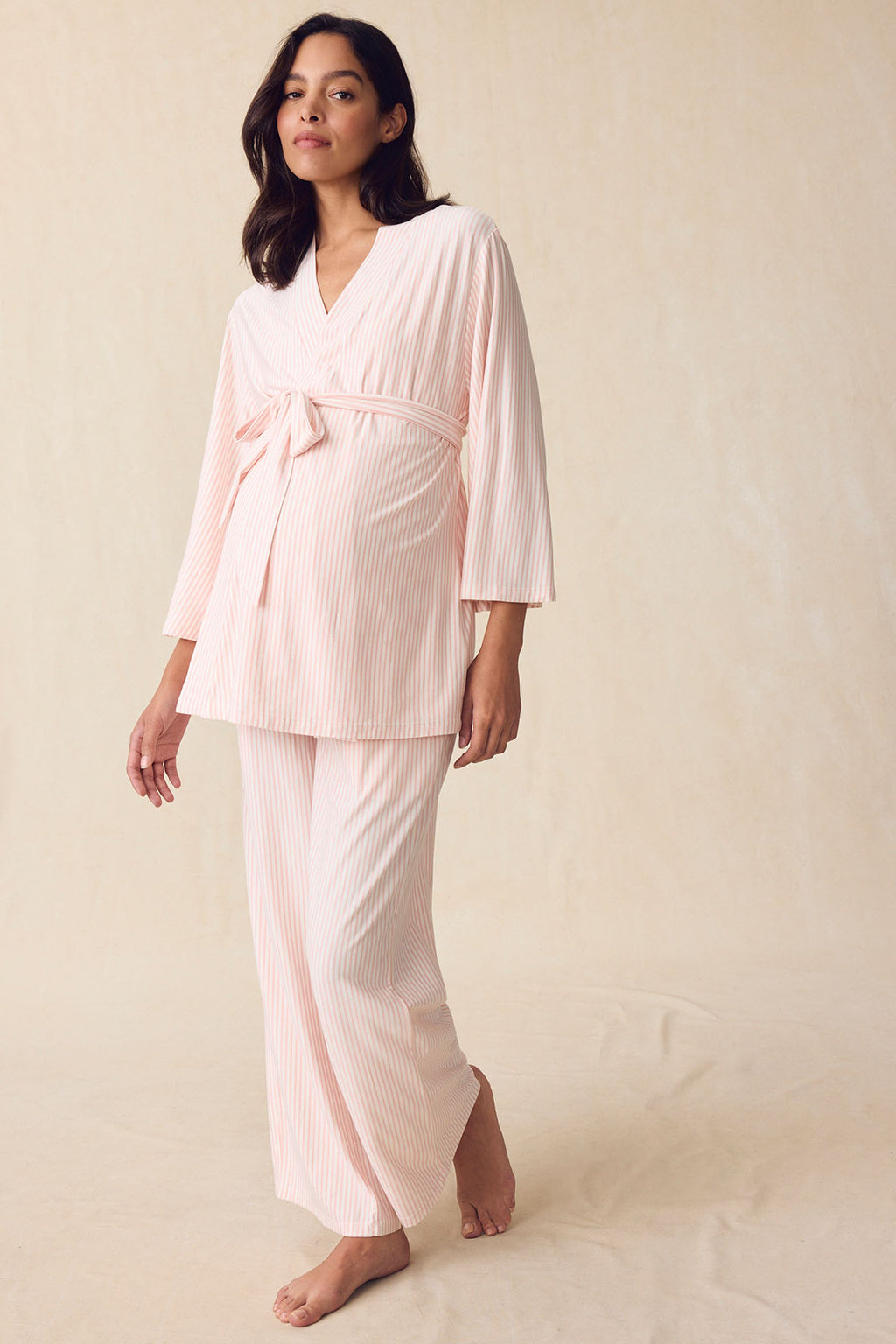 Maternity DreamModal™ Kimono Three-Piece Set in English Rose Pencil Stripe - Main Image 4
