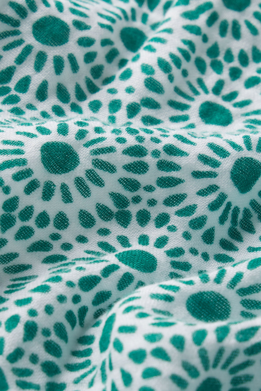 Close-up of the Hamptons Shorts Set in Opulent Dot Gauze, featuring teal circular floral patterns and small dots on soft cotton-modal fabric with gentle folds—ideal for hot sleepers.