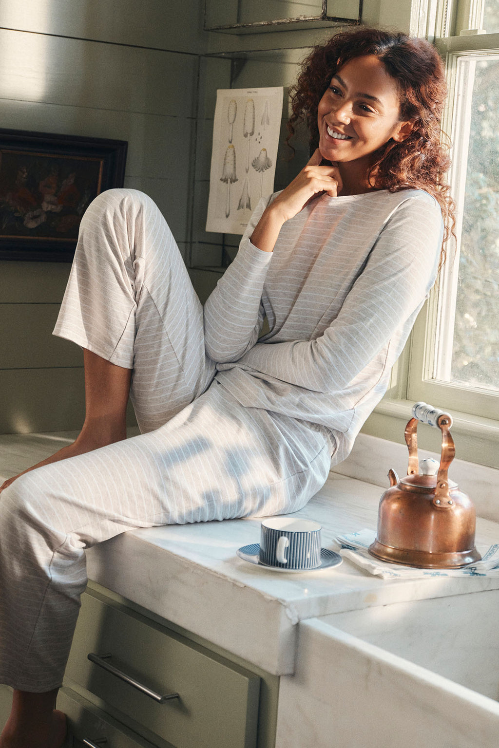 Pima Crew Long-Long Set in Oat Heather Rowing Stripe - Main Image 2